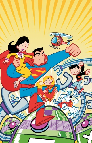 Superman Family Adventures #1 cover featuring Superman, Lois Lane, Supergirl, Superboy, Krypto and Jimmy Olson in a helicopter, fighting Brainiac robots